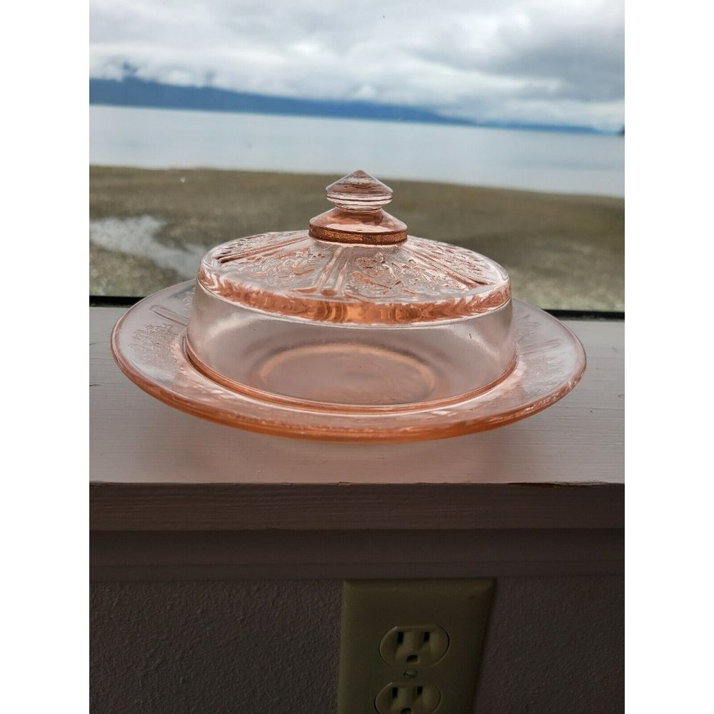 Vintage Pink Depression Glass Butter Cheese plate Cloche Lid wild rose pattern